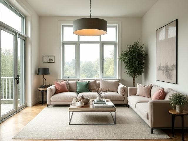 Stue med elegante blomstermotiver og moderne møbler fra Blomster Hus